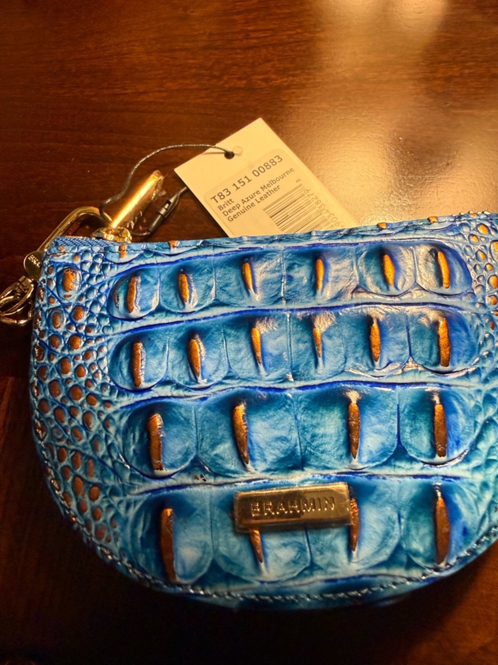 Brahmin Blue Croc-Embossed Leather Wristlet with Gold Accents